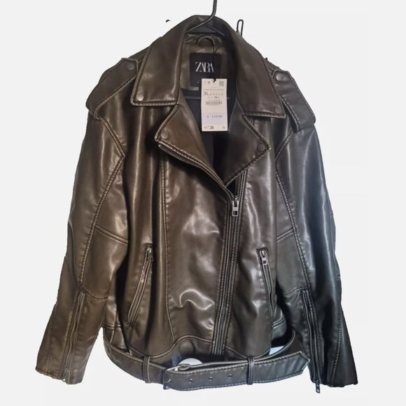 Zara Women XL Faux Leather Distressed Biker Jacket Charcoal Vegan Motorcycle - Picture 7 of 15